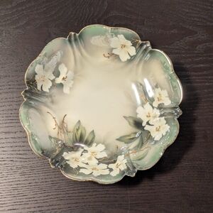 Antique RS Prussia Serving Bowl, Dogwood Flowers, Gold Details, Sage Green
